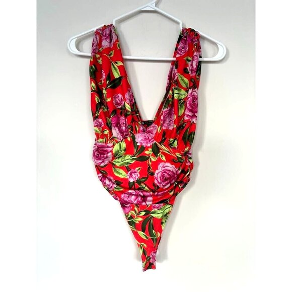 NWOT ZARA Bodysuit Size Small Orange Floral Draped Stretchy V-Neck Wide Straps - Picture 2 of 6